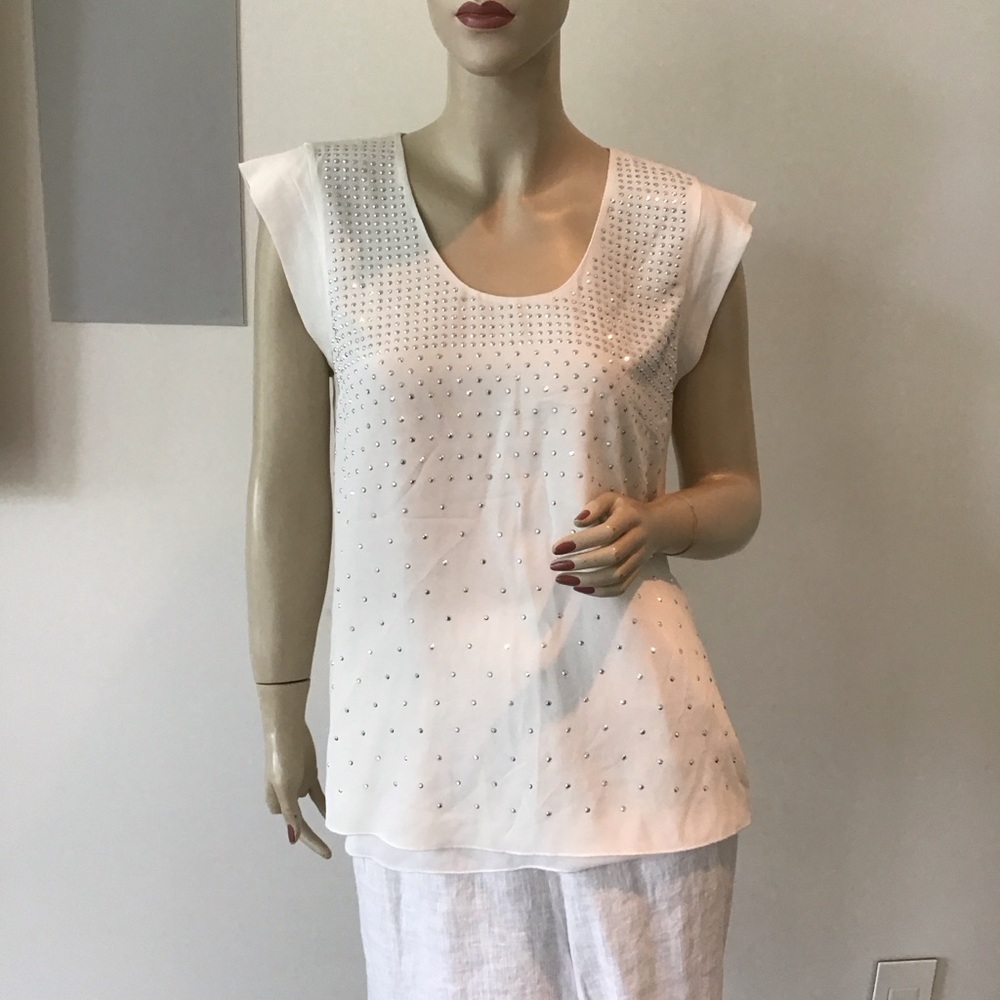 NEW Rebecca Taylor Cream Silver Studs‎ Sparkly Back Vent 100% Silk Shirt Top 4